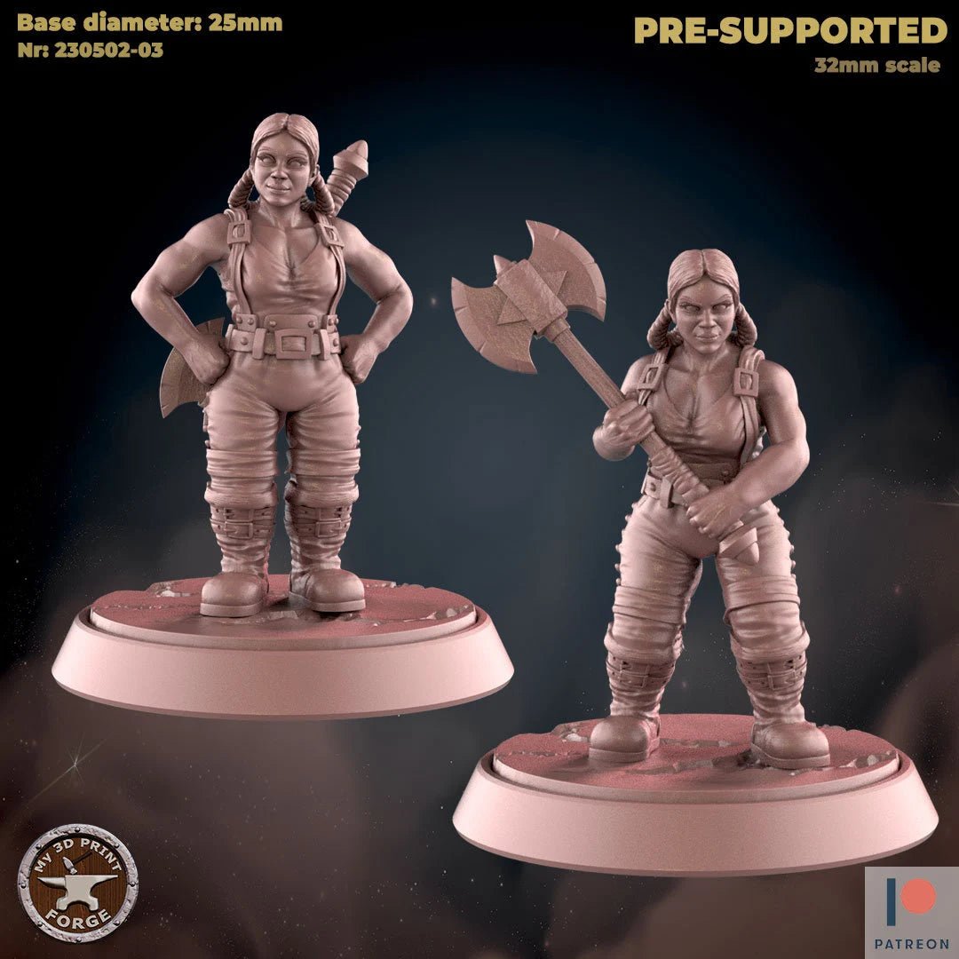 Female Dwarf Tree Cutter, Forester Miniature | Set of 2 - Tabletop RPG & D&D miniature. Perfect for wargaming & collectors