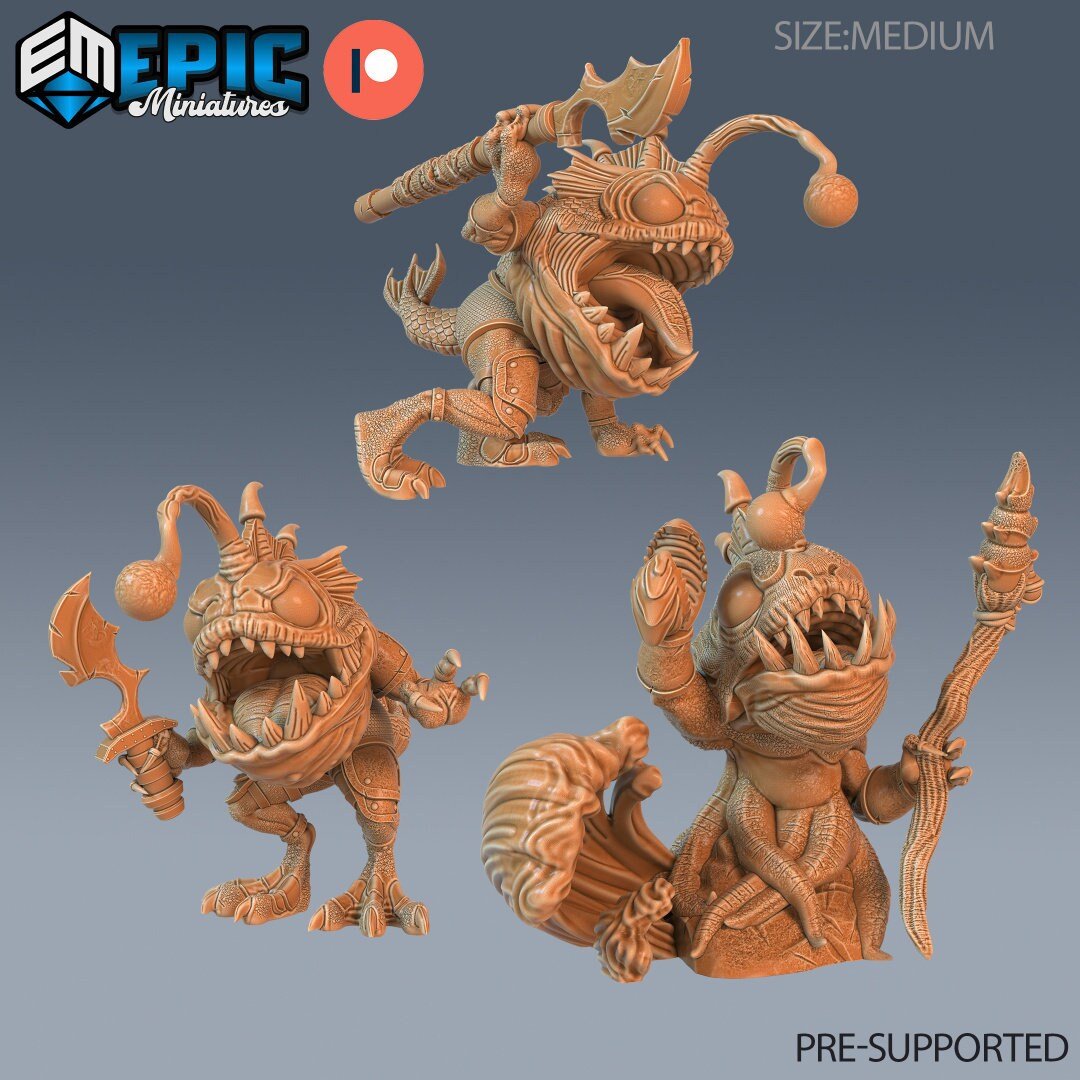 FishFolk Anglerfish Miniature | Set of 3 - Tabletop RPG & D&D miniature. Perfect for wargaming & collectors