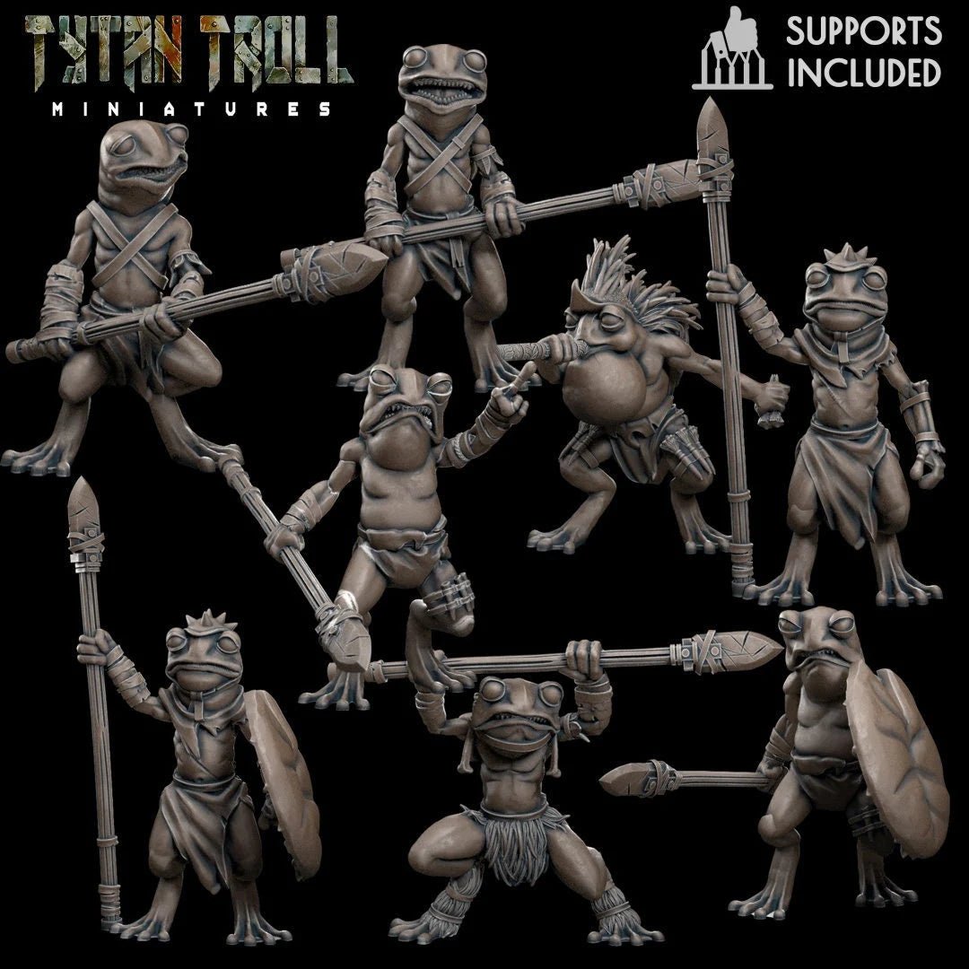 Frog Folk Fighter Miniature | Set of 9 - Tabletop RPG & D&D miniature. Perfect for wargaming & collectors