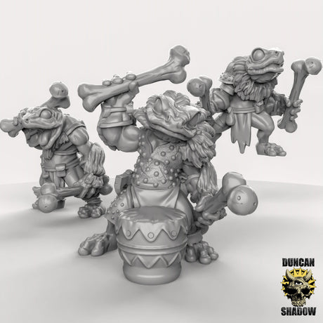 Frog Folk with Bone Weapons and Drum Miniature | Set of 3 - Tabletop RPG & D&D miniature. Perfect for wargaming & collectors