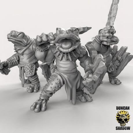 Frog Folk with Sword and Shield Miniature | Set of 3 - Tabletop RPG & D&D miniature. Perfect for wargaming & collectors