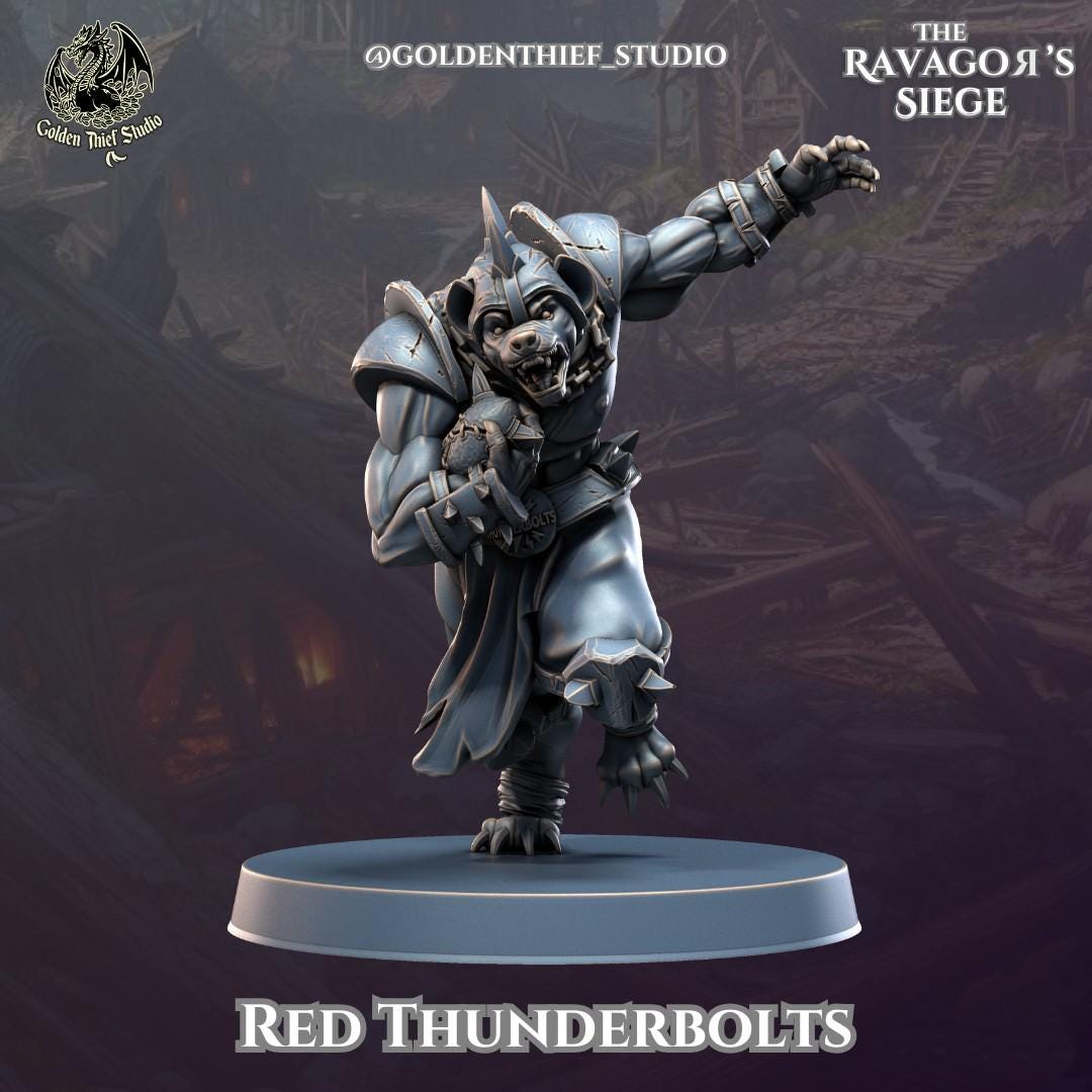 Gnoll Red Thunderbolts Miniature | Gnoll C - Tabletop RPG & D&D miniature. Perfect for wargaming & collectors