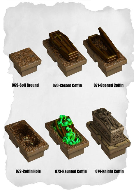Graveyard Tiles Coffins Pack (HG 069 to HG 074) | Set of 6 - Tabletop RPG & D&D miniature. Perfect for wargaming & collectors