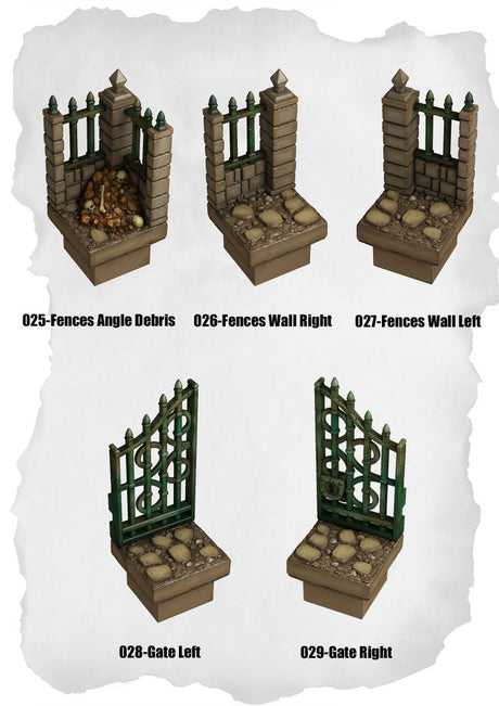 Graveyard Tiles Fence Angle & Gate (HG 025 to HG 029) | Set of 5 - Tabletop RPG & D&D miniature. Perfect for wargaming & collectors