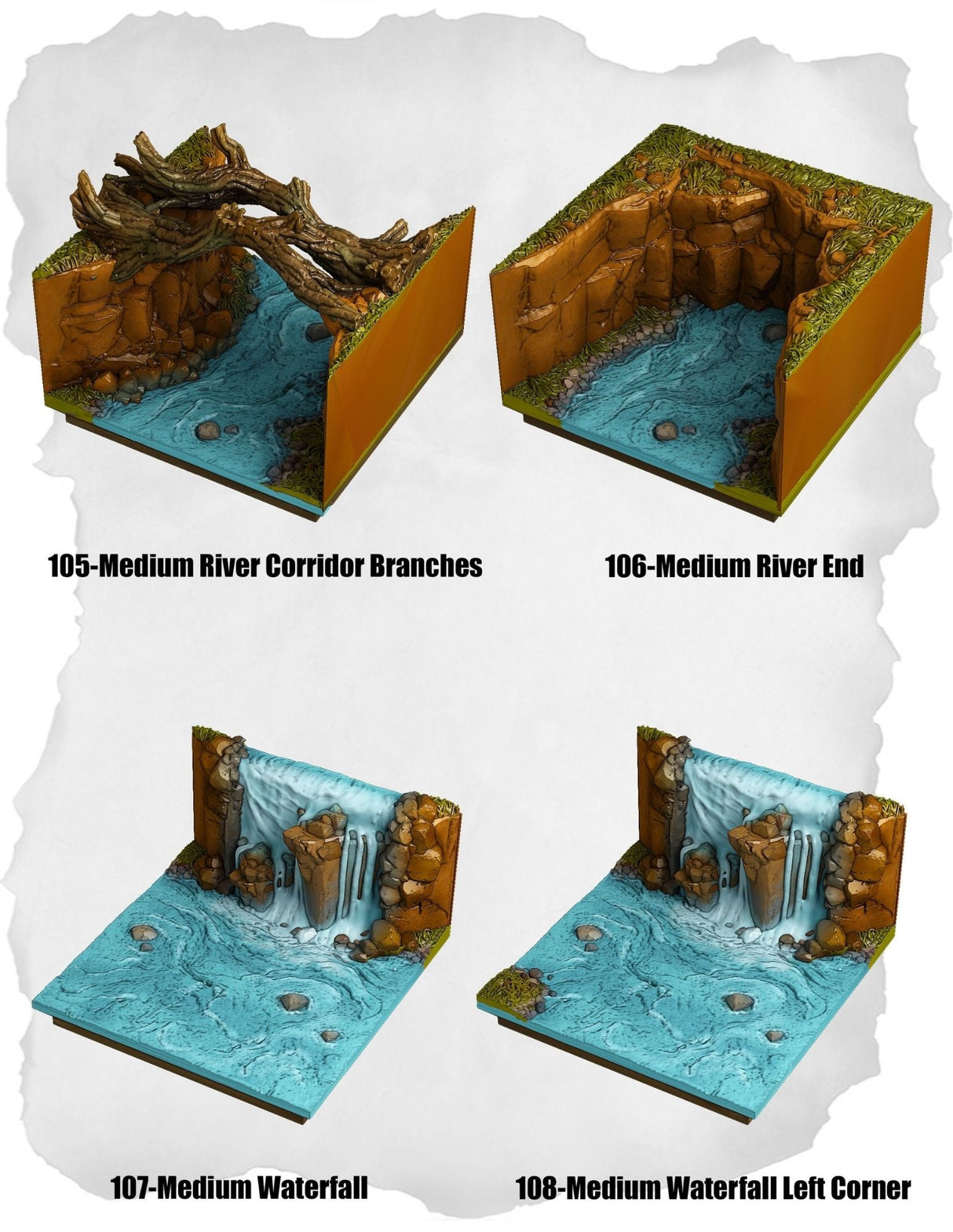 Highland Tiles Medium River Branches & Waterfall Corners Pack (MH 105 to MH 108) | Set of 4 - Tabletop RPG & D&D miniature. Perfect for wargaming & collectors