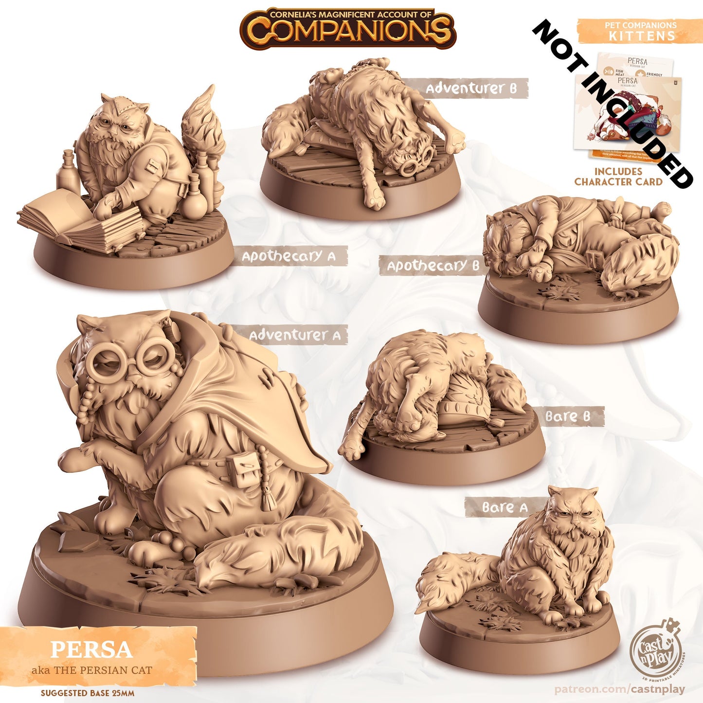 32/28mm The Persian Cat Companion, CastnPlay miniatures , Role Playing Games Miniature, WoW, Dungeon and Dragons, RPG, DnD,Cats, Kittens.