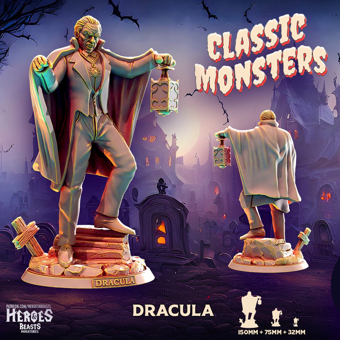 Dracula Statue, 150mm, 75mm, 32mm Scale, Bust, Role Playing Games Miniature, WoW, Dungeon and Dragons, RPG, DnD, Classic Movie.