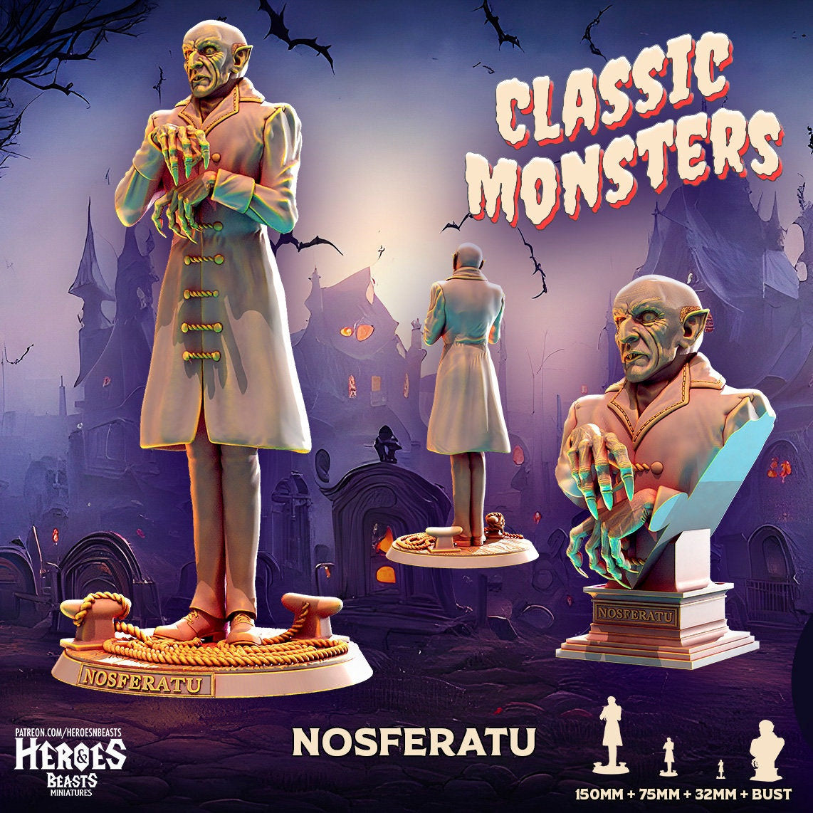 The Nosferatu, 150mm, 75mm, 32mm Scale, Bust, Role Playing Games Miniature, WoW, Dungeon and Dragons, DnD, Classic Movie.
