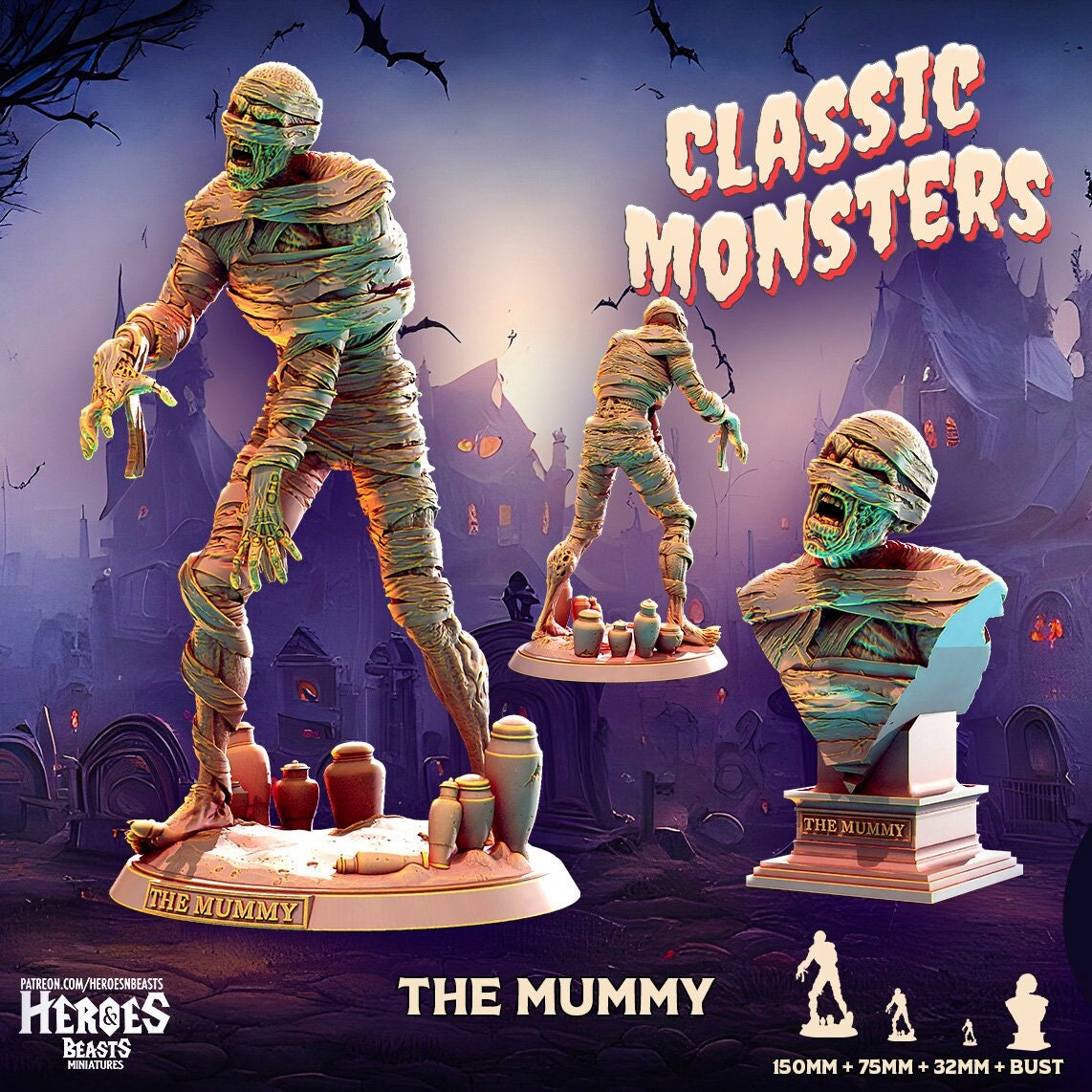 The Mummy, 150mm, 75mm, 32mm Scale, Bust, Role Playing Games Miniature, WoW, Dungeon and Dragons,, DnD, Classic Movie.
