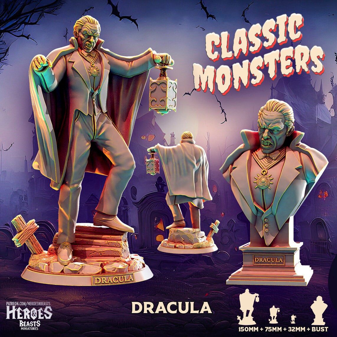 Dracula Statue, 150mm, 75mm, 32mm Scale, Bust, Role Playing Games Miniature, WoW, Dungeon and Dragons, RPG, DnD, Classic Movie.