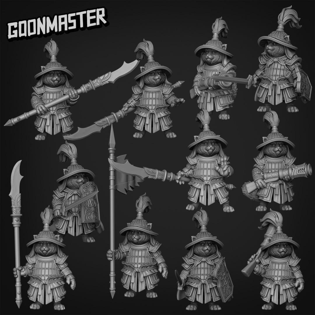 Red Panda Gunner squad with hats  ,Goon Master, Medium Miniature, Dungeon and Dragons, RPG, Dnd, Pathfinder, Dnd Panda Miniature, Red panda