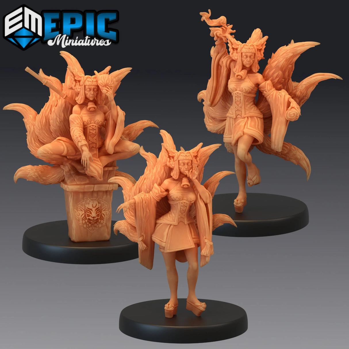 Kitsune Girl Miniature | Set of 3 - Tabletop RPG & D&D miniature. Perfect for wargaming & collectors