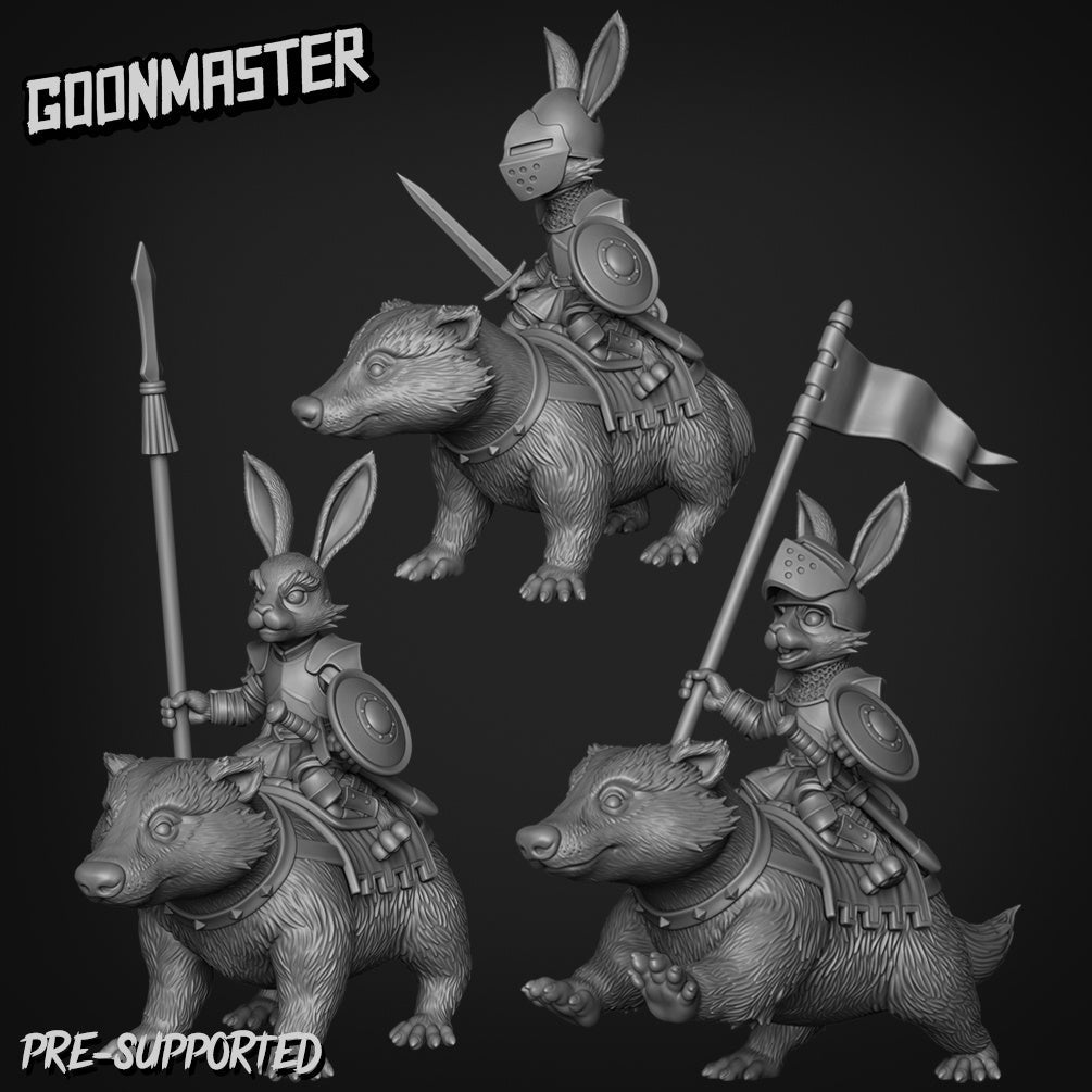 Large Badger Bunny Rider Miniature | Set of 3 - Tabletop RPG & D&D miniature. Perfect for wargaming & collectors
