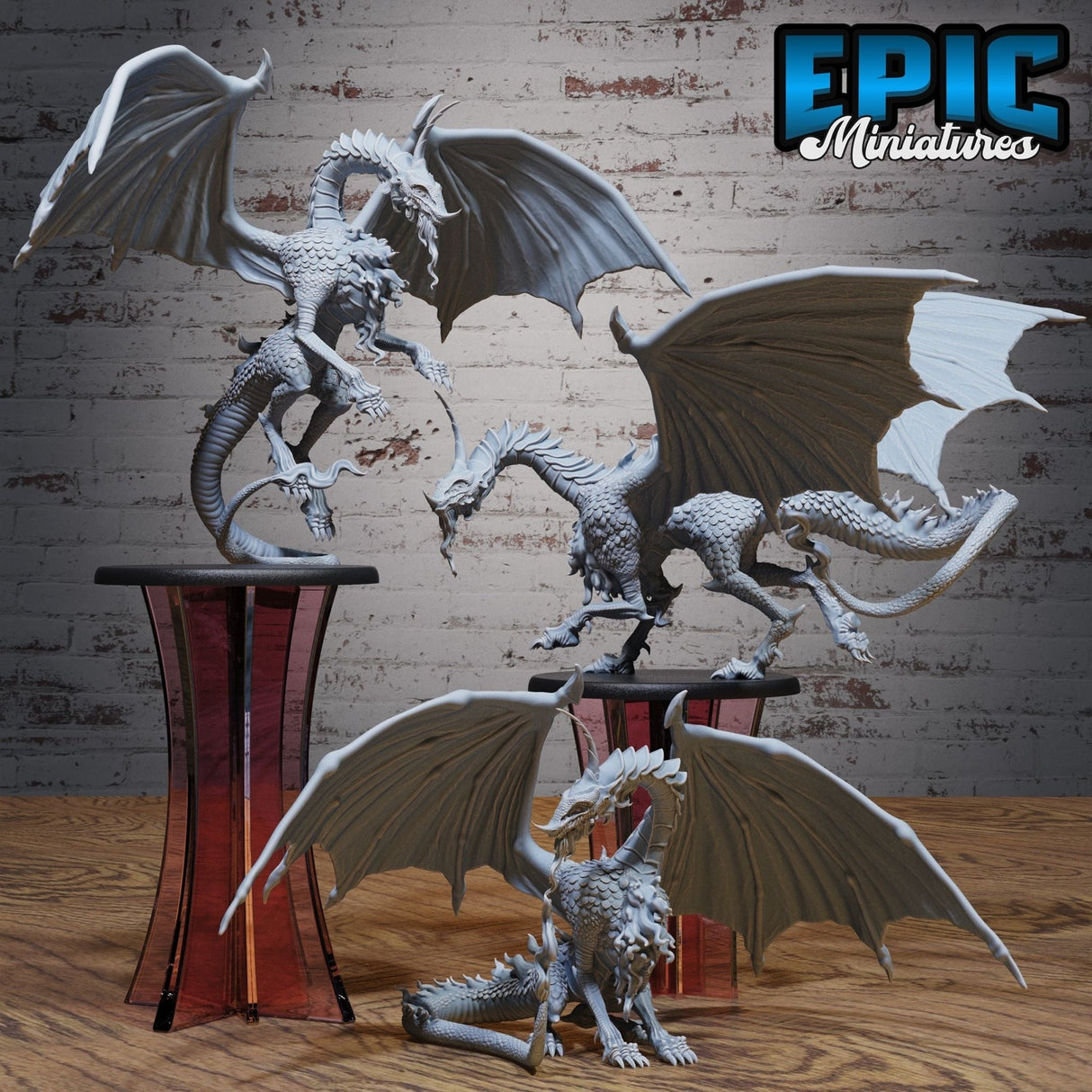 Moonstone Dragon Miniature | Set of 3 - Tabletop RPG & D&D miniature. Perfect for wargaming & collectors
