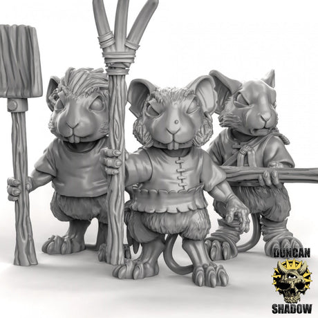Mouse folk Farmer Miniature | Set of 3 - Tabletop RPG & D&D miniature. Perfect for wargaming & collectors