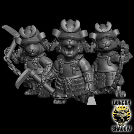 Mouse Folk Samurai with Kusarigama Miniature | Set of 3 - Tabletop RPG & D&D miniature. Perfect for wargaming & collectors