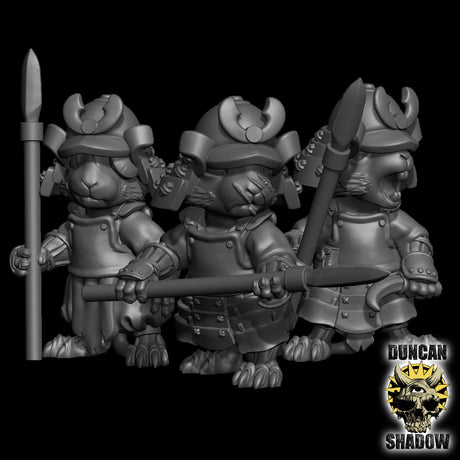 Mouse Folk Samurai with Spears Miniature | Set of 3 - Tabletop RPG & D&D miniature. Perfect for wargaming & collectors