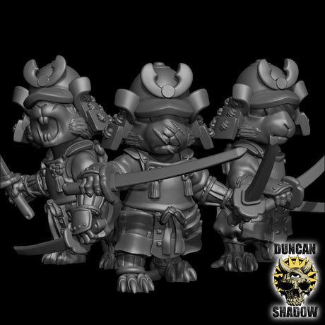Mouse Folk Samurai with Swords Miniature | Set of 3 - Tabletop RPG & D&D miniature. Perfect for wargaming & collectors