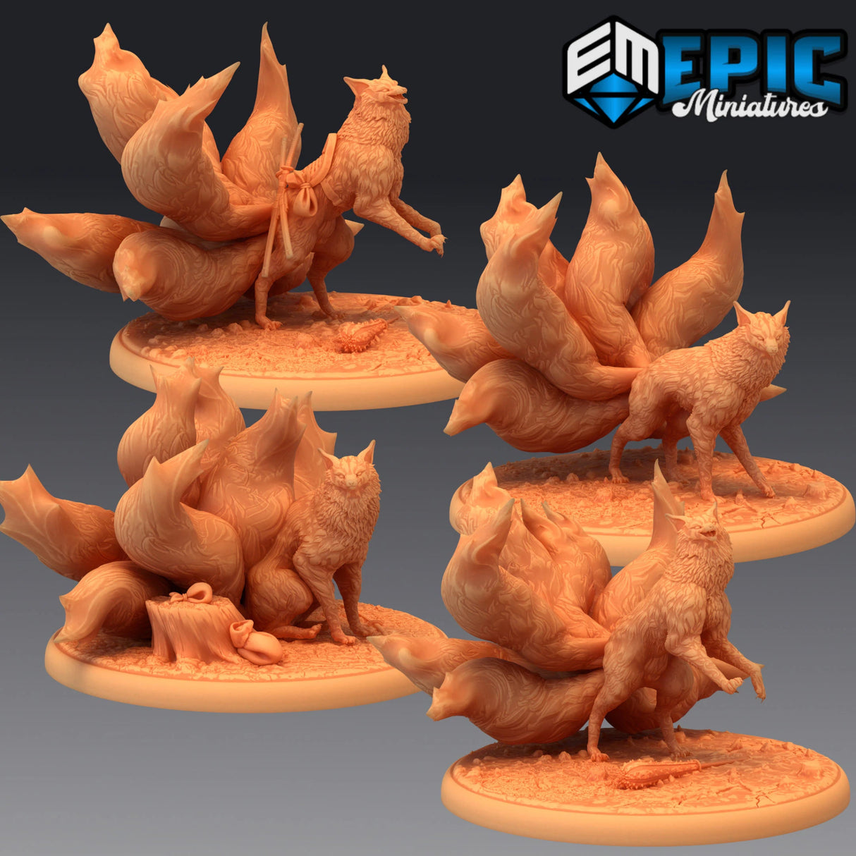 Nine Tailed Fox Miniature | Set of 4 - Tabletop RPG & D&D miniature. Perfect for wargaming & collectors