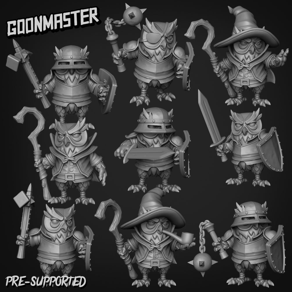 Owl Folk Fighter Paladin Wizard Miniature - Set of 9 - 32mm