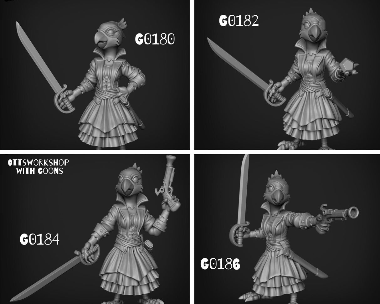 female Parrot Folk Pirate Miniature | set of 4 - Tabletop RPG & D&D miniature. Perfect for wargaming & collectors