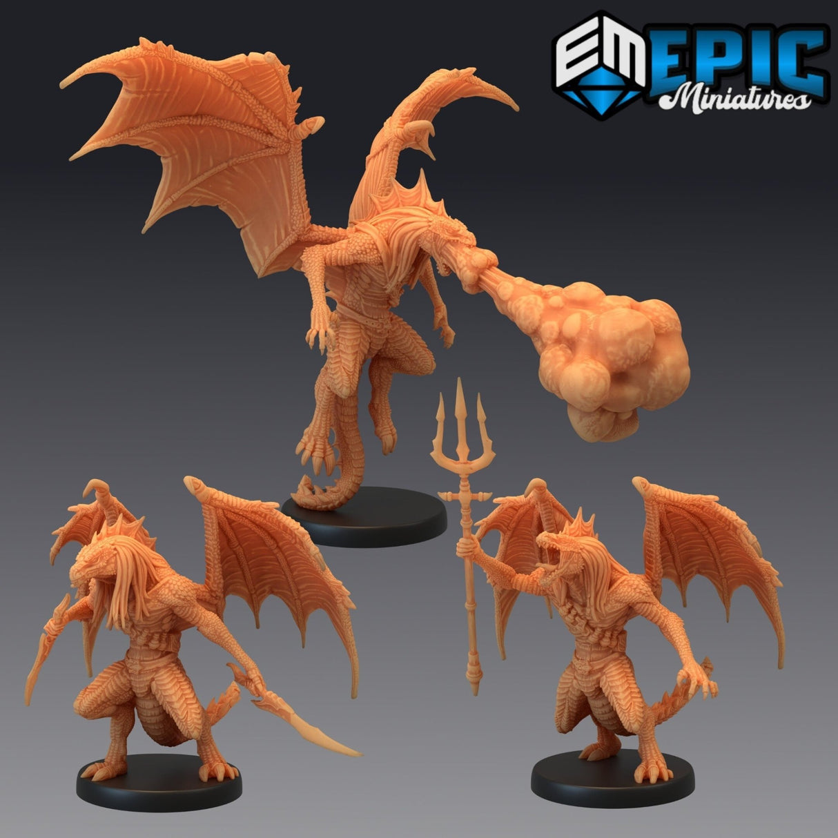 Poison Draconic Demon Miniature | Set of 3 - Tabletop RPG & D&D miniature. Perfect for wargaming & collectors