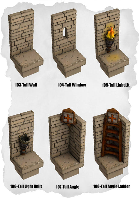 Ramparts & Ruins Tiles Tall Wall & Angle Pack (RR 103 to RR 108) | Set of 6 - Tabletop RPG & D&D miniature. Perfect for wargaming & collectors