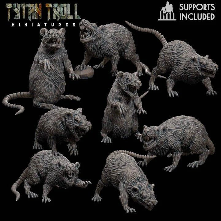 Rat Swarm Miniature | set of 8 - Tabletop RPG & D&D miniature. Perfect for wargaming & collectors