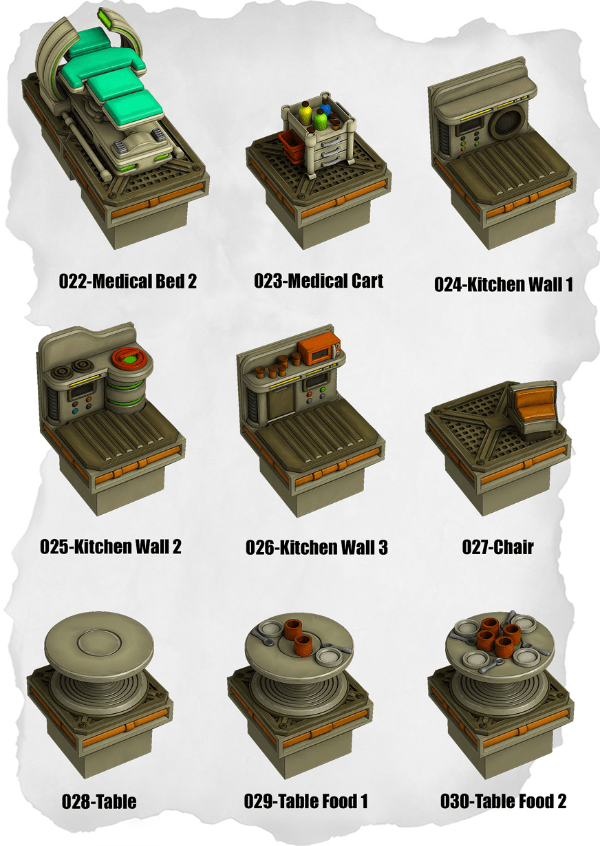 Sci Fi Tiles Kitchen, MedCart & Food Pack (IS 022 to IS 030) | Set of 9 - Tabletop RPG & D&D miniature. Perfect for wargaming & collectors