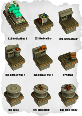 Sci Fi Tiles Kitchen, MedCart & Food Pack (IS 022 to IS 030) | Set of 9 - Tabletop RPG & D&D miniature. Perfect for wargaming & collectors