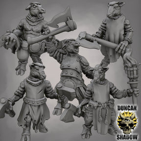 Sheep Folk with Axes Miniature | Set of 5 - Tabletop RPG & D&D miniature. Perfect for wargaming & collectors