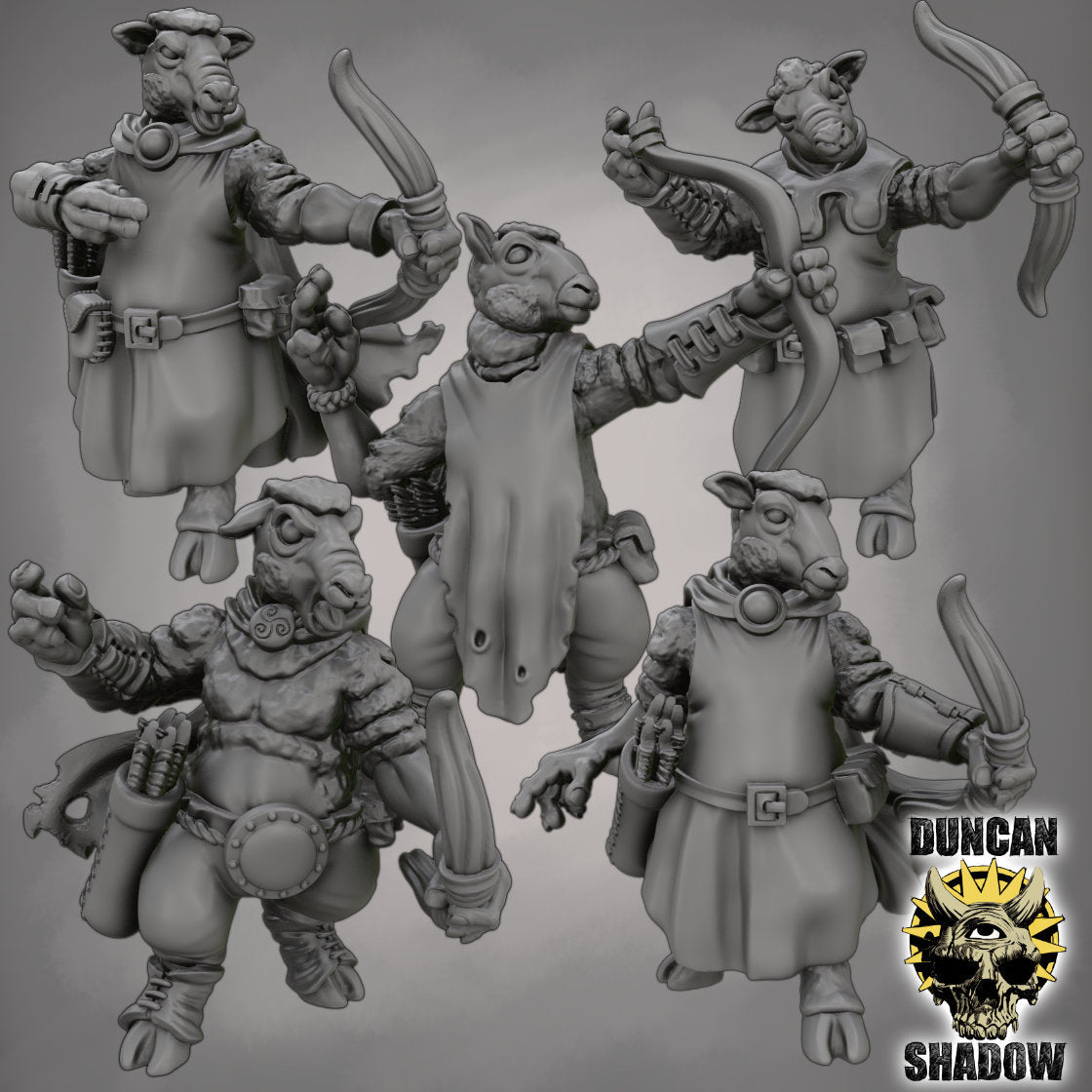 Sheep Folk with Bows Miniature | Set of 5 - Tabletop RPG & D&D miniature. Perfect for wargaming & collectors