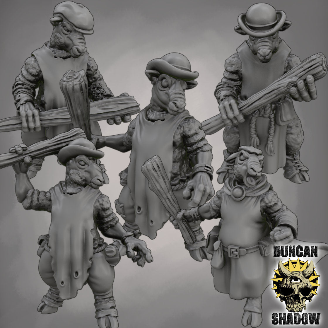 Sheep Folk with Clubs Miniature - Set of 5 - 32mm
