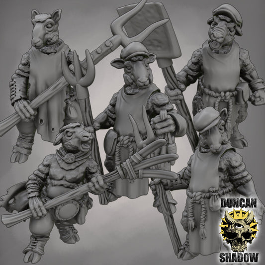 Sheep Folk with Farm Tools Miniature - Set of 5 - 32mm