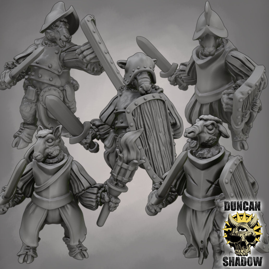 Sheep Folk with Sword and Shields Miniature - Set of 5 - 32mm