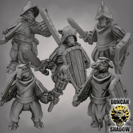Sheep Folk with Sword and Shields Miniature - Set of 5 - 32mm