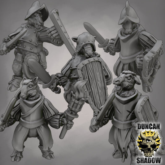 Sheep Folk with Sword and Shields Miniature - Set of 5 - 32mm