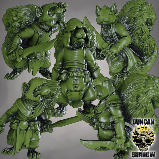 Squirrel Folk with Swords Miniature - Set of 5 - 32mm
