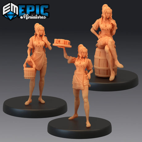 Tavern Waitress Miniature | Set of 3 - Tabletop RPG & D&D miniature. Perfect for wargaming & collectors