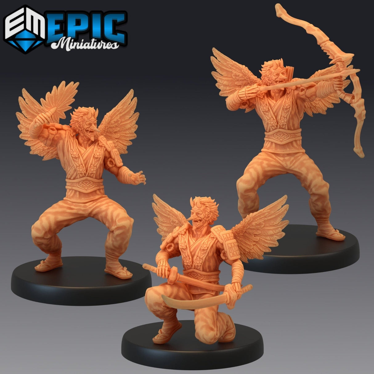 Tengu Angel Miniature | Set of 3 - Tabletop RPG & D&D miniature. Perfect for wargaming & collectors