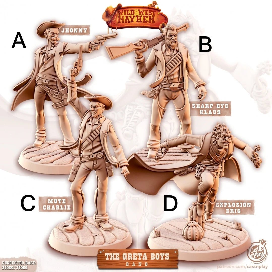 The Greta Boys Outlaw Cowboy Miniature | Set of 4 - Tabletop RPG & D&D miniature. Perfect for wargaming & collectors