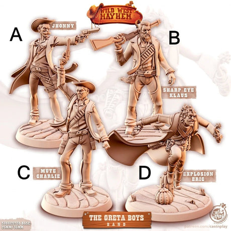 The Greta Boys Outlaw Cowboy Miniature | Set of 4 - Tabletop RPG & D&D miniature. Perfect for wargaming & collectors