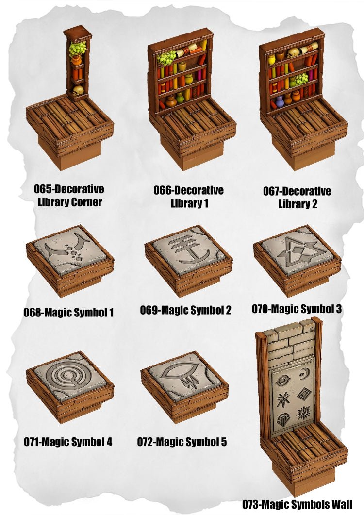 Town Tiles Arcane Library Details Pack (MT2 065 to MT2 073) | Set of 9 - Tabletop RPG & D&D miniature. Perfect for wargaming & collectors