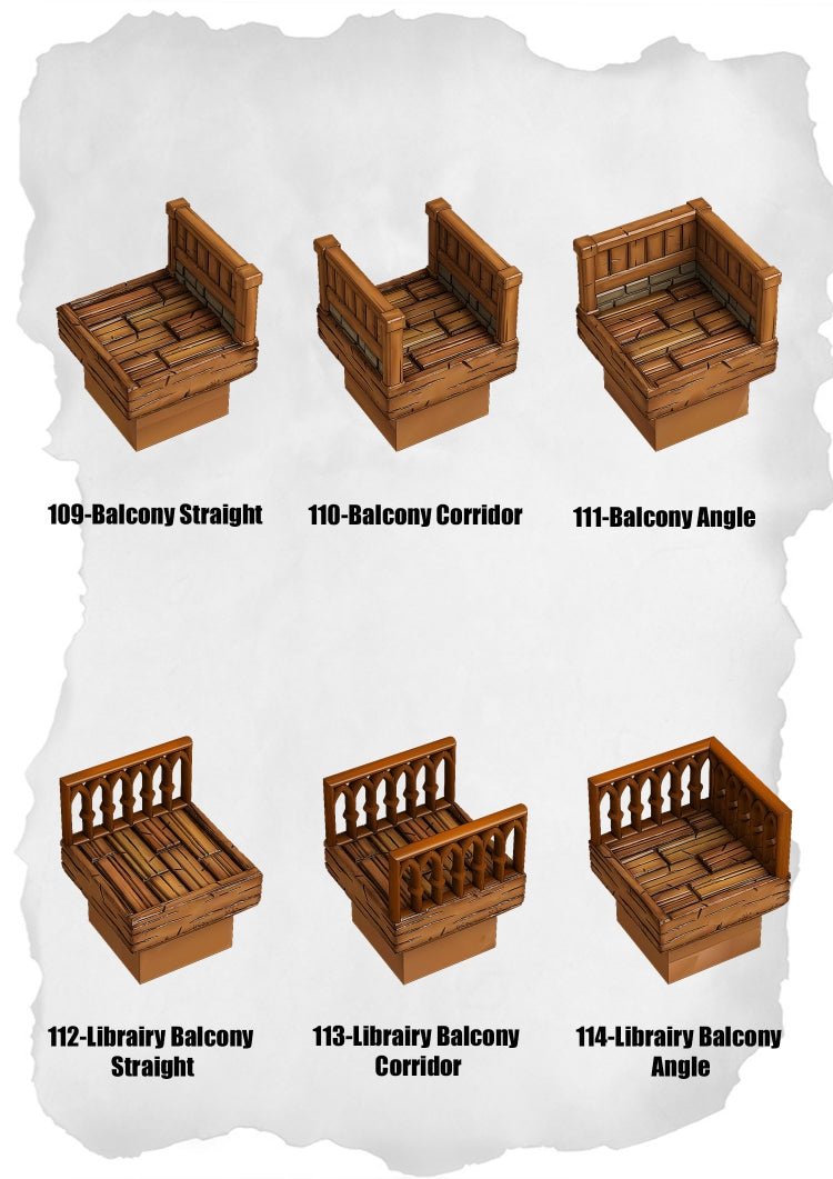 Town Tiles Balcony & Corridor Pack (MT2 109 to MT2 114) | Set of 6 - Tabletop RPG & D&D miniature. Perfect for wargaming & collectors