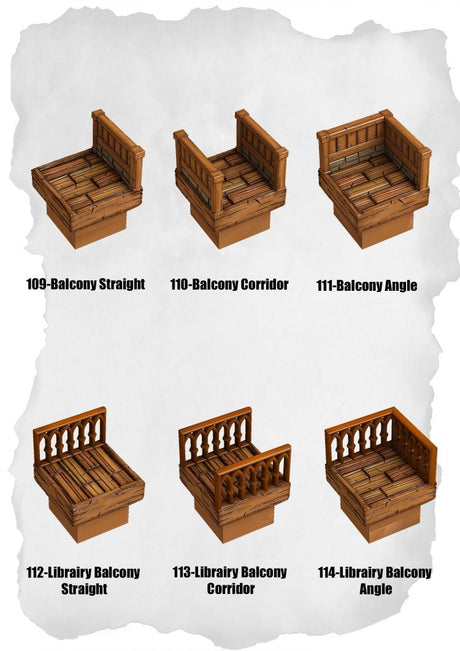 Town Tiles Balcony & Corridor Pack (MT2 109 to MT2 114) | Set of 6 - Tabletop RPG & D&D miniature. Perfect for wargaming & collectors