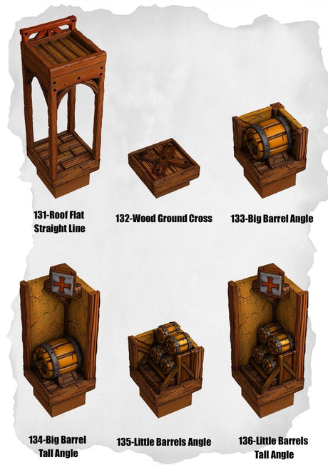 Town Tiles Barrel & Rooftop Detail Pack (MT1 131 to MT1 136) | Set of 6 - Tabletop RPG & D&D miniature. Perfect for wargaming & collectors