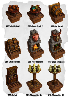 Town Tiles Dining, Barrel & Light Pack (MT1 062 to MT1 070) | Set of 9 - Tabletop RPG & D&D miniature. Perfect for wargaming & collectors