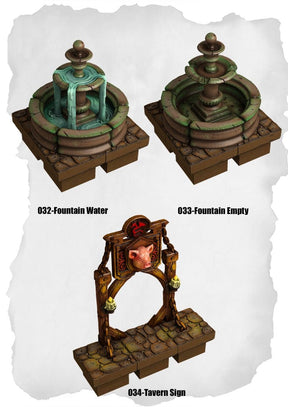 Town Tiles Fountain & Sign Pack (MT1 032 to MT1 034) | Set of 3 - Tabletop RPG & D&D miniature. Perfect for wargaming & collectors