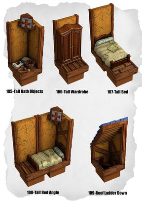 Town Tiles Furniture, Bath, Bed & Ladder Pack (MT1 105 to MT1 109) | Set of 5 - Tabletop RPG & D&D miniature. Perfect for wargaming & collectors