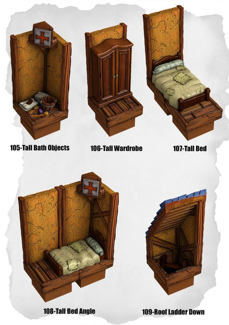 Town Tiles Furniture, Bath, Bed & Ladder Pack (MT1 105 to MT1 109) | Set of 5 - Tabletop RPG & D&D miniature. Perfect for wargaming & collectors